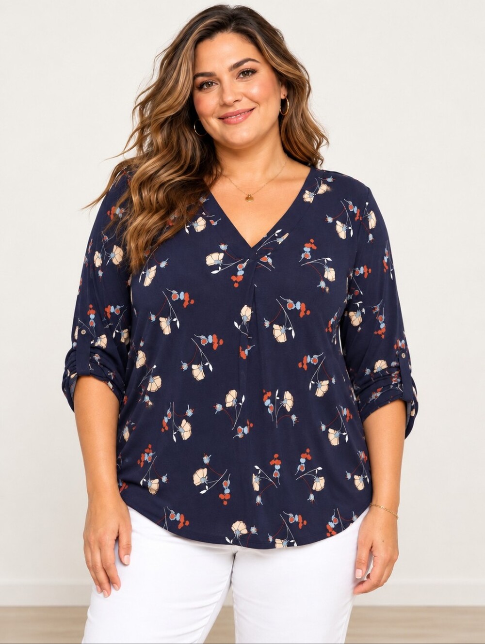 BEACON Patty Plus Size Floral V-Neck Roll Tab Sleeve Blouse 1X Navy Blue